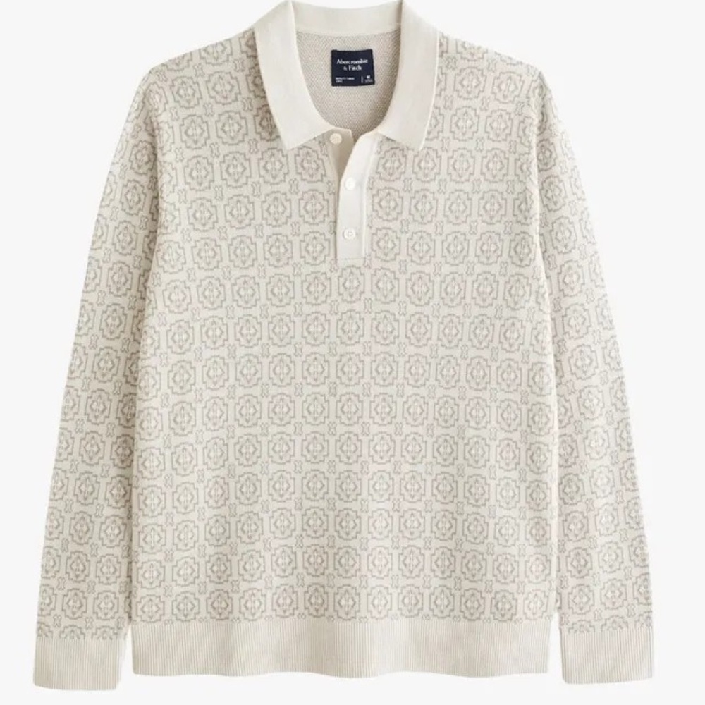 Vintage Abercrombie & Fitch XL Long Sleeve Knit Sweater Polo Mens Beige